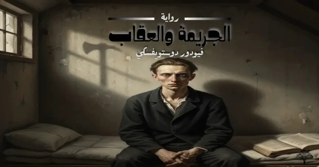 غلاف رمزي لرواية "الجريمة والعقاب"، يظهر فيه البطل راسكولينكوف جالساً في زنزانة أو غرفة ضيقة، مع فأس مخفي في الظل.