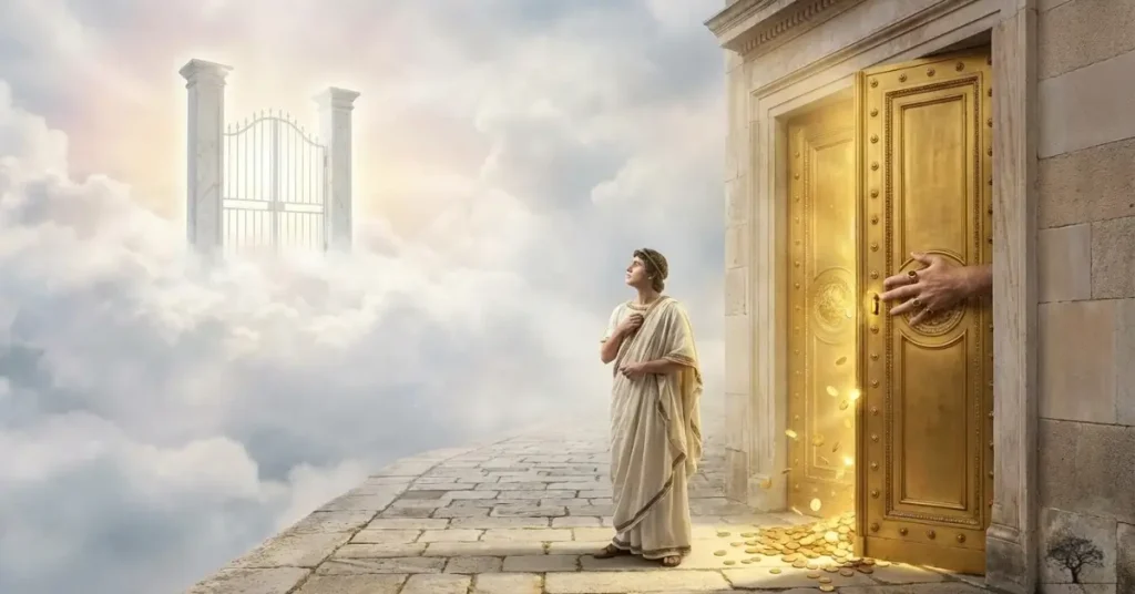 مشهد رمزي لرجل يقف أمام باب ذهبي مفتوح تتساقط منه العملات، بينما تظهر في السماء بوابة مضيئة لا يصل إليها الذهب.