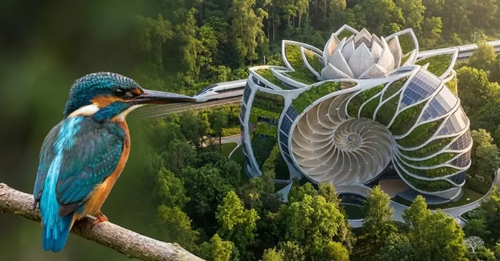 طائر ملوّن يقف على غصن أمام مبنى معماري مستوحى من أشكال الطبيعة، يرمز إلى مفهوم المحاكاة الحيوية واستلهام الابتكار المستدام من عبقرية الطبيعة.