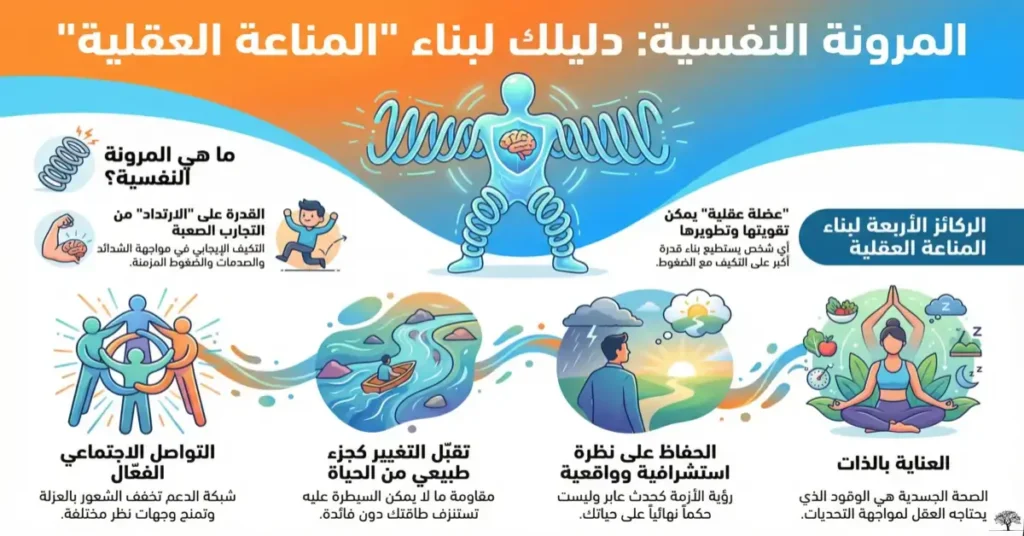 إنفوغرافيك يشرح مفهوم المرونة النفسية عبر شخصية مرنة ترمز لقوة العقل، مع عناصر بصرية تمثل العناية بالذات، التفكير الإيجابي، تقبل التغيير، والتواصل الاجتماعي لبناء المناعة العقلية.