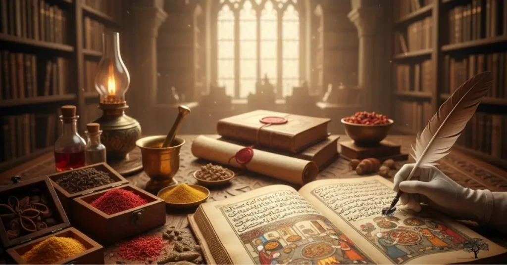مخطوطة عربية قديمة مفتوحة على مكتب، تُظهر رسومات عن الطهي، محاطة بالتوابل وأدوات الكتابة (القلم والريشة).