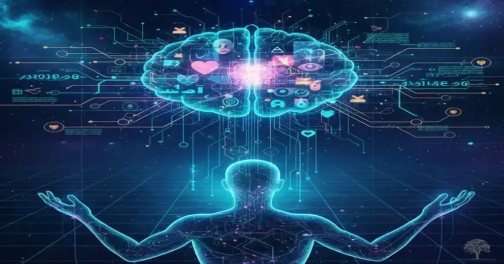 تصوير تجريدي لإنسان رقمي يرفع ذراعيه نحو دماغ مضيء مكوَّن من دوائر إلكترونية ورموز بيانات، يرمز إلى الوعي الرقمي وعلاقة الذكاء الاصطناعي بالمشاعر والعقل البشري.
