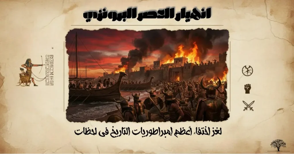 مشهد تاريخي درامي لسفن محاربين تهاجم مدينة ساحلية تحترق عند الغروب، يرمز إلى انهيار العصر البرونزي وسقوط الإمبراطوريات القديمة بشكل مفاجئ.