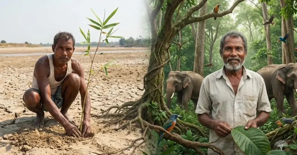 رجل هندي بسيط يزرع شتلة في أرض جافة ومتشققة، يقابلها مشهد آخر له وسط غابة خضراء مليئة بالأشجار والحيوانات، في تجسيد لتحول أرض قاحلة إلى غابة على يد جاداف بايينغ.