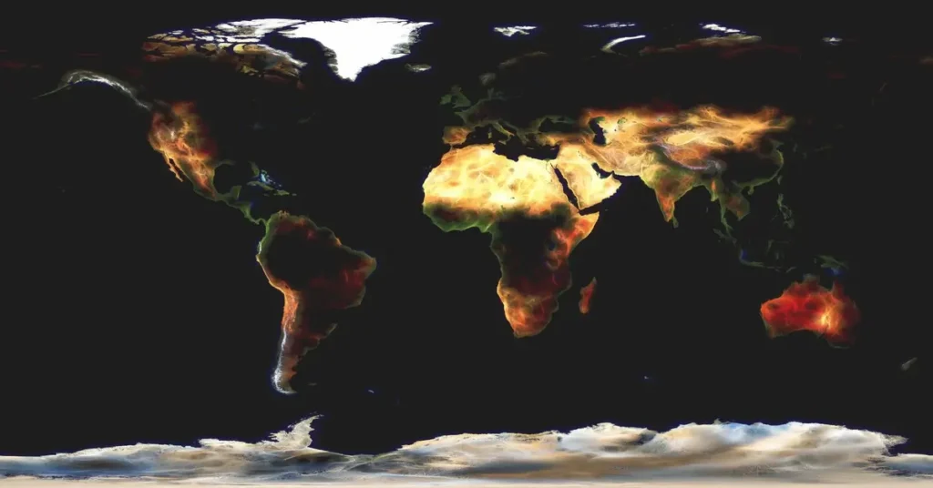 خريطة عالمية تظهر منطقة الوطن العربي متوهجة ومشتعلة بالضوء، ترمز لأهميتها الاستراتيجية.