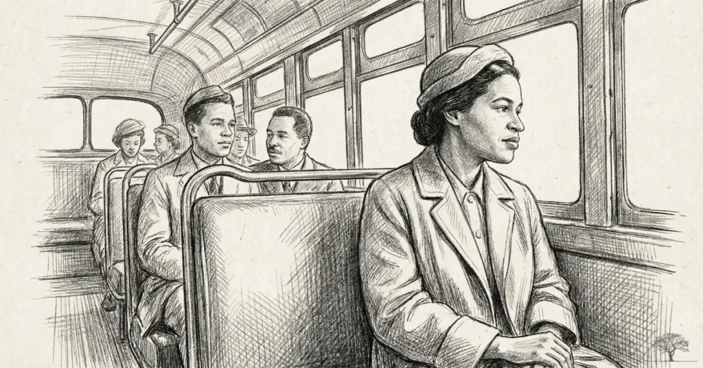 رسم تاريخي لروزا باركس جالسة في الصف الأمامي لحافلة، تنظر بتصميم عبر النافذة، في تحدٍ لقوانين الفصل العنصري.