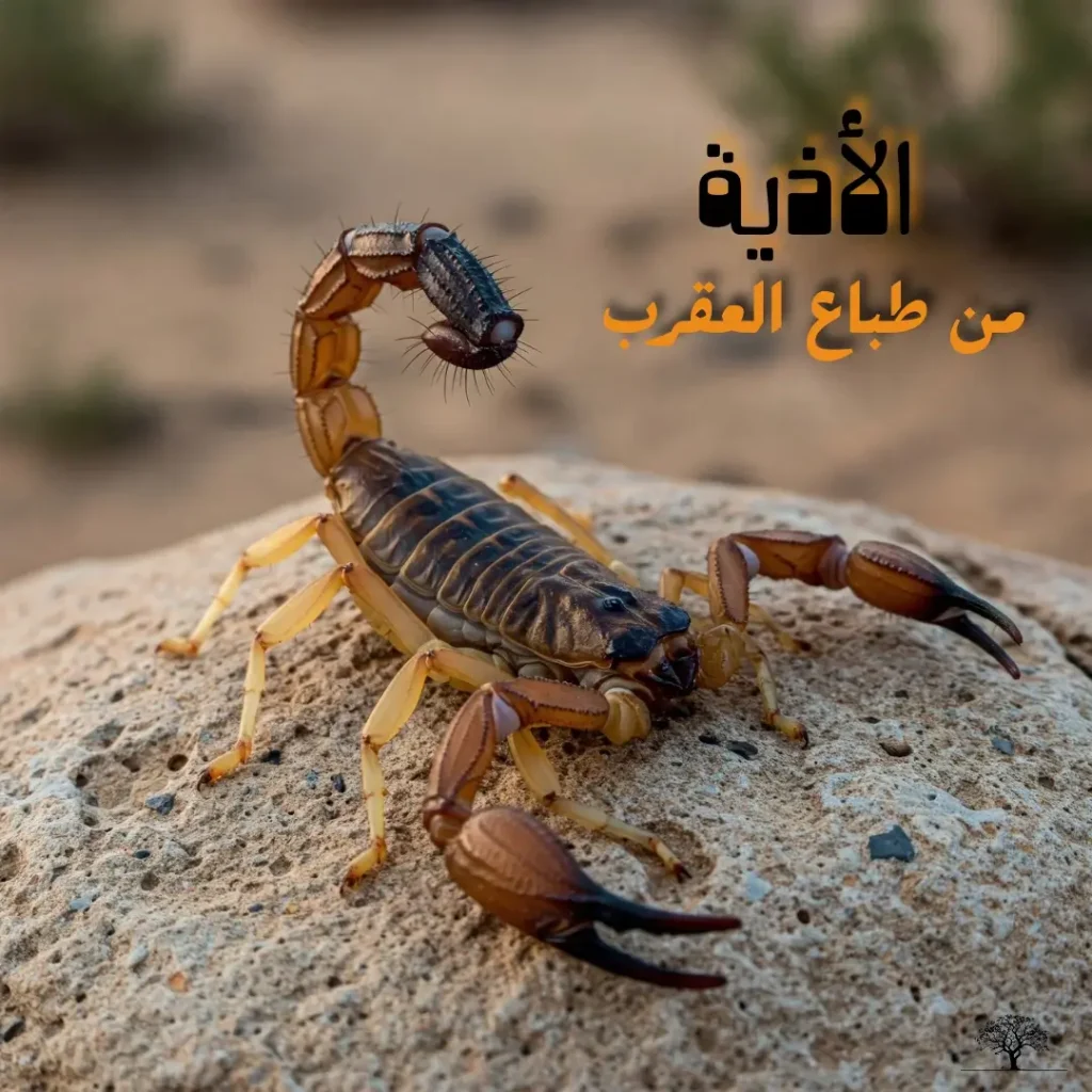عقرب يقف على صخرة في الصحراء، يرفع ذيله السام في وضعية دفاعية ترمز إلى الأذى الغريزي.