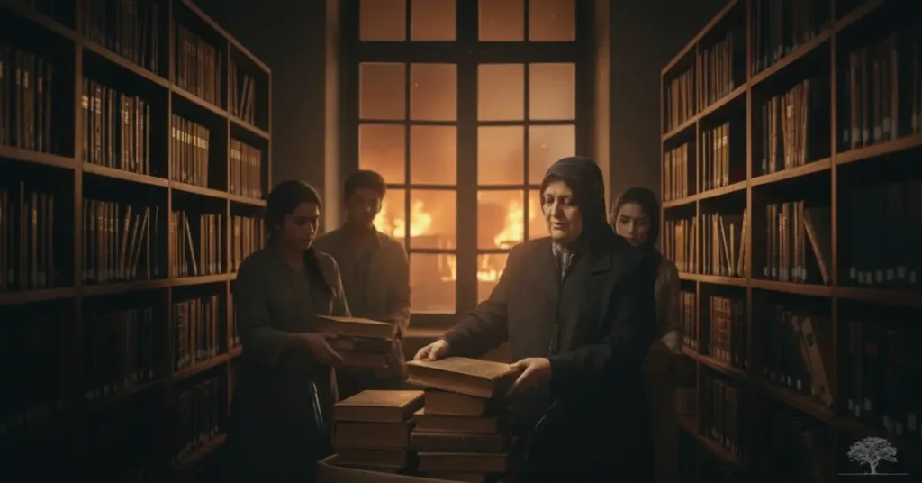 امرأة عراقية تقف داخل مكتبة قديمة محاطة برفوف الكتب، تحمل مجلدات بيديها بينما تشتعل النيران خارج النافذة، في مشهد يرمز إلى عالية محمد باقر وحمايتها لذاكرة البصرة الثقافية.