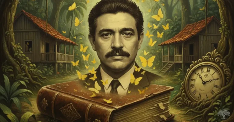 رسم فني للروائي غابرييل غارسيا ماركيز محاط بفراشات صفراء وساعة قديمة، يرمز للواقعية السحرية في أدبه.