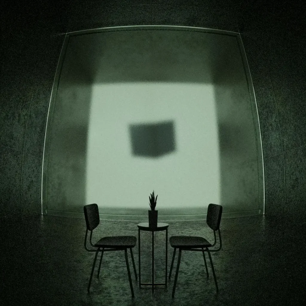 مشهد فني minimal يظهر كرسيين وطاولة صغيرة بنبتة داخل غرفة مظلمة مع خلفية مضيئة تُلقي ظلالًا هندسية غامضة.