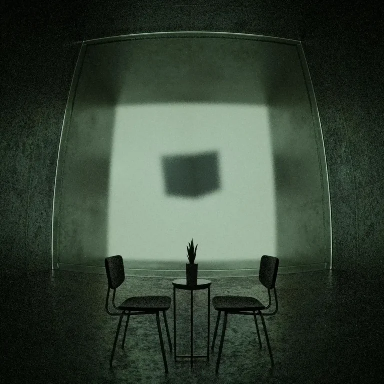 مشهد فني minimal يظهر كرسيين وطاولة صغيرة بنبتة داخل غرفة مظلمة مع خلفية مضيئة تُلقي ظلالًا هندسية غامضة.