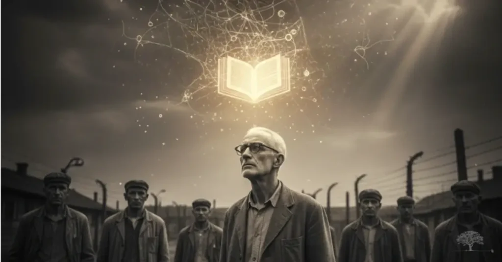 رجل مسن يقف بهدوء داخل معسكر اعتقال، تحيط به وجوه سجناء، بينما يعلو فوقه كتاب مضيء يرمز إلى المعنى والأمل وسط المعاناة، في إشارة إلى فيكتور فرانكل.