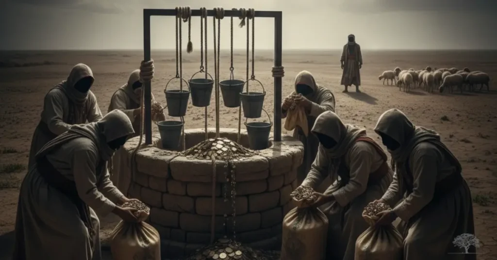 رسم رمزي يصور مجموعة من الأشخاص يجمعون العملات الذهبية من بئر، بينما يقف راع وحيد على مسافة بعيدة، يرمز للاستغلال وغياب الرقابة.