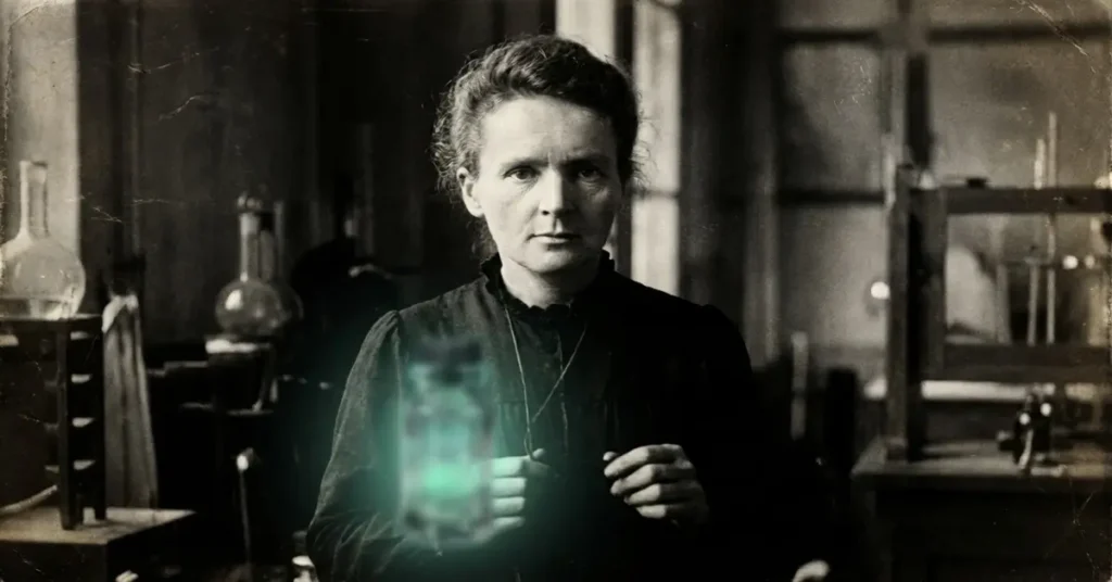 صورة تاريخية لماري كوري داخل مختبرها، تجسد عبقريتها العلمية واكتشافها للنشاط الإشعاعي وتأسيسها لعلم الفيزياء النووية.