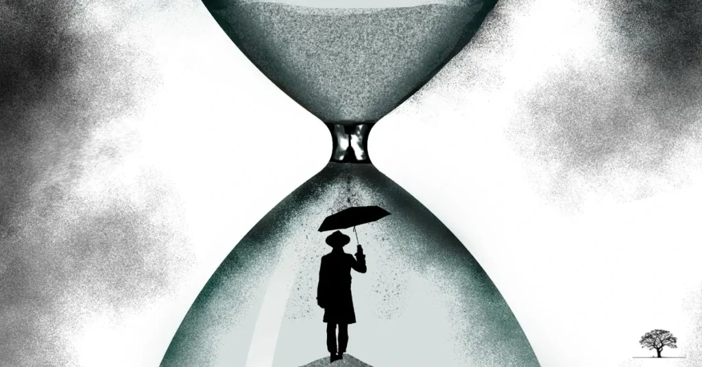 رسم رمزي يظهر شخصاً يحمل مظلة داخل ساعة رملية ضخمة، يرمز إلى محاولة حماية الذات من ضغط الزمن وسرعته.