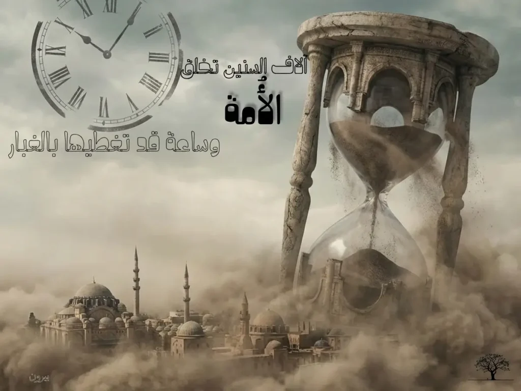 تصميم سريالي يظهر ساعة رملية ضخمة تغطي مدينة تاريخية بالرمال مع اقتباس "آلاف السنين تخلق الأمة وساعة قد تغطيها بالغبار".