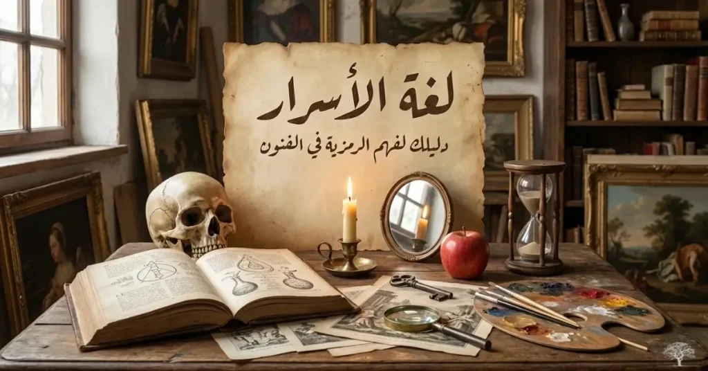 طاولة فنية قديمة تضم جمجمة وكتابًا مفتوحًا وشمعة مشتعلة ومرآة وساعة رملية ولوحات خلفية، ترمز إلى مفهوم الرمزية في الفن ومعاني الزمن والحياة والموت.