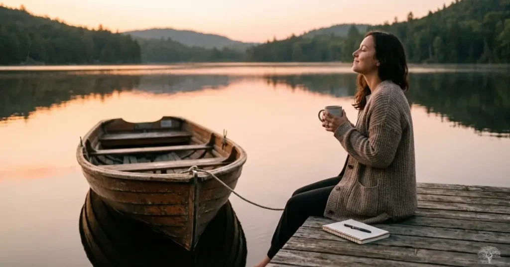 امرأة تجلس بهدوء على رصيف خشبي قرب بحيرة ساكنة، تمسك كوبًا دافئًا، وبجوارها قارب صغير يعكس معنى السكينة والطمأنينة.