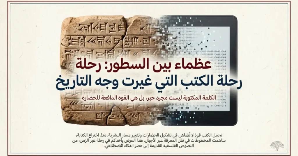 تصميم يدمج بين لوح طيني مسماري قديم وجهاز كيندل للقراءة الإلكترونية مع نصوص برمجية، يرمز لتطور تدوين المعرفة البشرية.