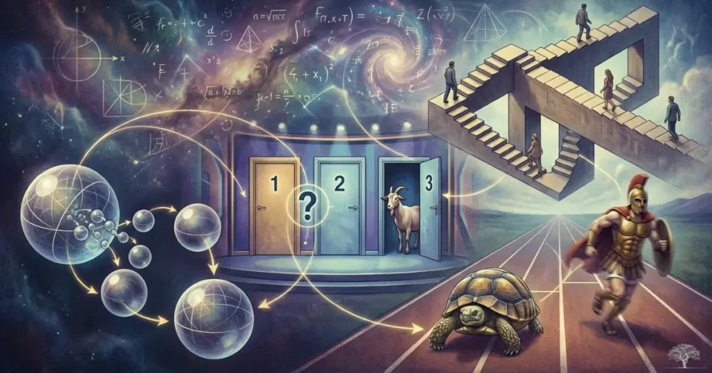 مشهد رمزي للمفارقات الرياضية يضم مفارقة الأبواب الثلاثة، مفارقة زينون بين أخيل والسلحفاة، سلالم مستحيلة، معادلات عائمة في الفضاء، وأشكال هندسية تتحدى الإدراك العقلي.
