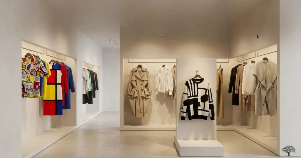 معرض أزياء معاصر يعرض قطع ملابس مستوحاة من مدارس فنية مختلفة مثل التجريدية والحداثة، في فضاء فني أنيق يبرز العلاقة بين الموضة والفن التشكيلي.