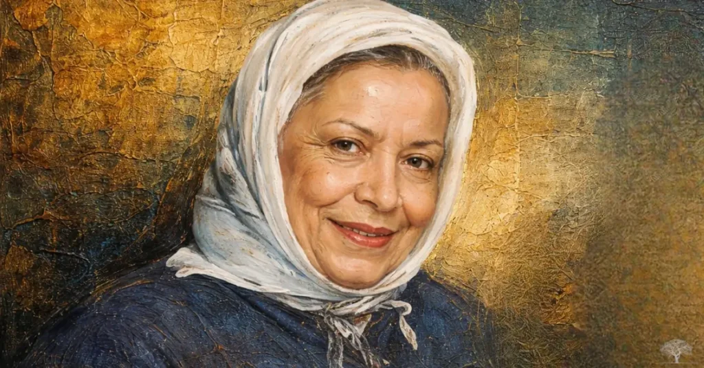 صورة فنية لبنت الشاطئ (عائشة عبد الرحمن) بملامح هادئة وابتسامة وقورة، تجسّد رحلة امرأة عربية شقت طريقها من التعليم التقليدي في الكُتّاب إلى ريادة الفكر والأدب العربي.