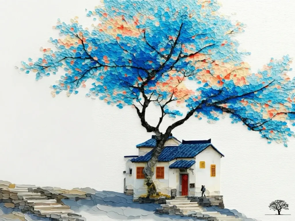 لوحة فنية لمنزل أبيض بسقف أزرق تحت شجرة كبيرة بأوراق زرقاء ولمسات برتقالية، في مشهد هادئ يجمع بين الطبيعة والسكينة.