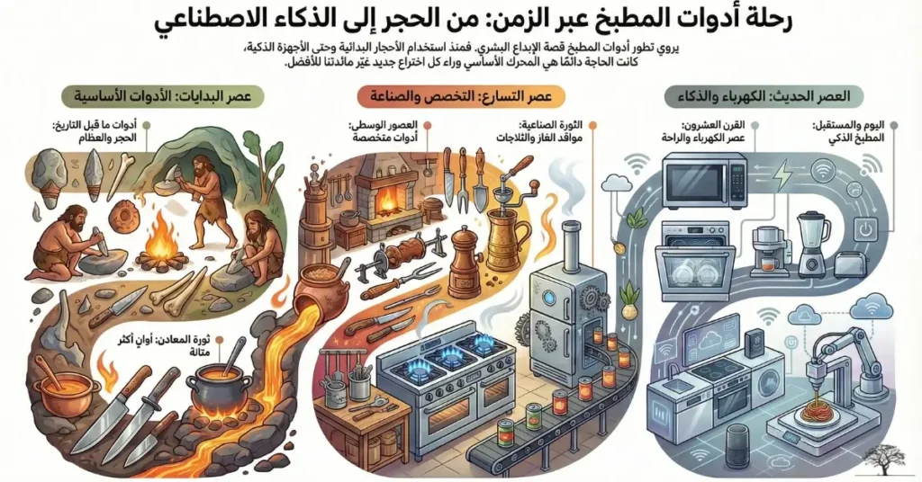 رسم توضيحي يوضح تطور أدوات المطبخ عبر العصور، من الأدوات الحجرية البدائية، مرورًا بعصر التخصص والصناعة، وصولًا إلى المطبخ الذكي المعتمد على الكهرباء والذكاء الاصطناعي.