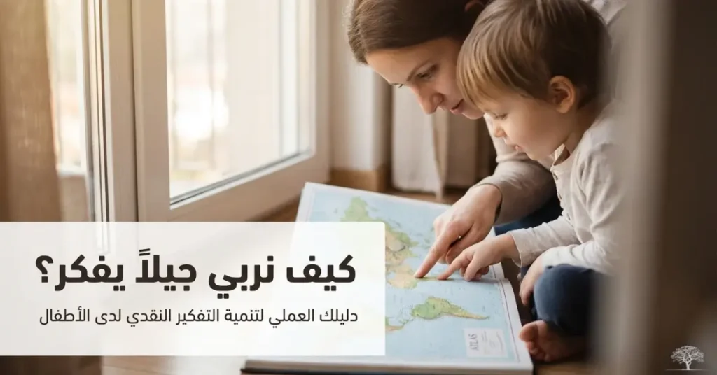 أم تجلس مع طفلها الصغير قرب نافذة وتساعده على قراءة خريطة في كتاب، في مشهد يعكس تنمية التفكير النقدي والفضول المعرفي لدى الأطفال.