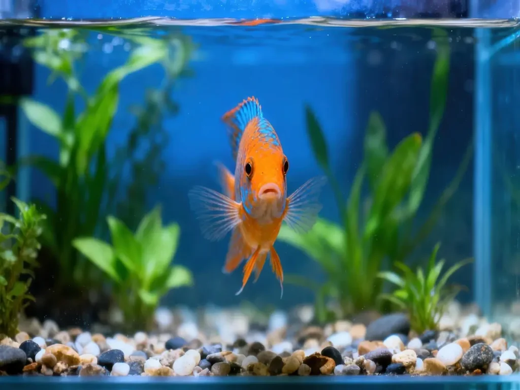 سمكة زينة برتقالية وزرقاء تسبح بهدوء داخل حوض مائي مزروع، تعكس جمال الحياة المائية وهدوء الأعماق.
