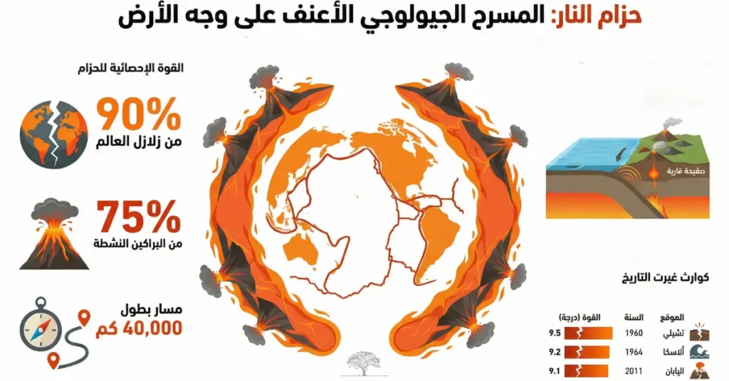 إنفوجرافيك يوضح حزام النار حول المحيط الهادئ، مع براكين نشطة، صفائح تكتونية، ونسب الزلازل والبراكين العالمية المرتبطة بهذا الحزام الجيولوجي العنيف.
