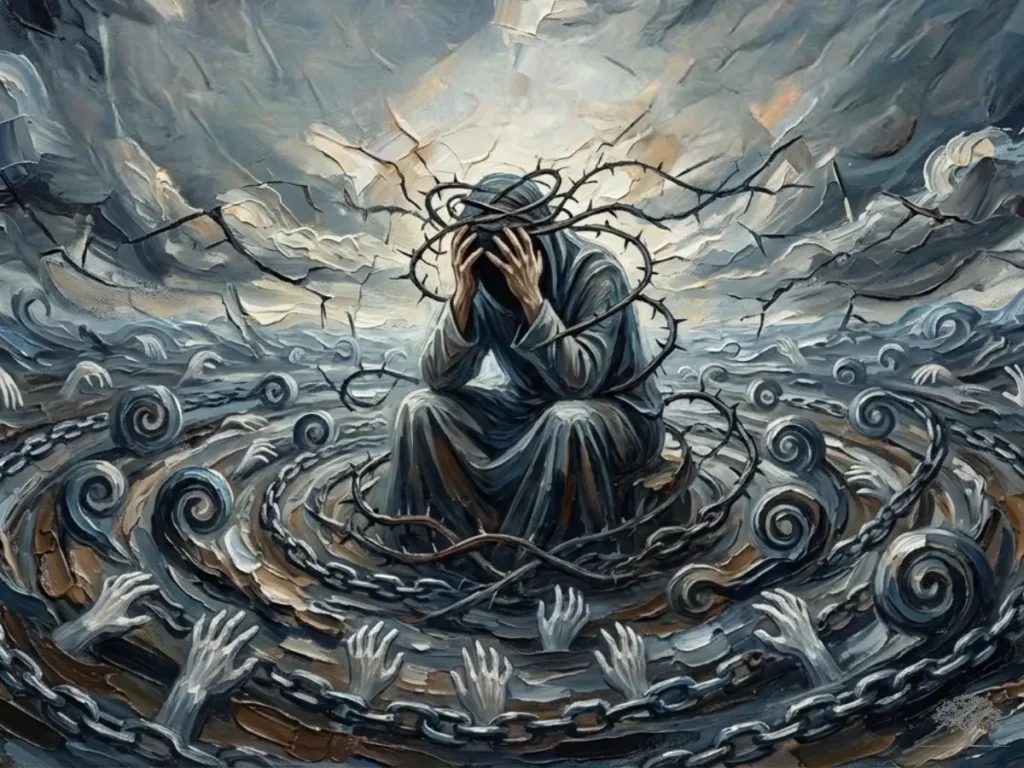 لوحة رمزية لشخص جالس منكسر، يحيط به حبل شائك وسلاسل وأيادٍ خارجة من دوّامة، في مشهد يعبر عن الصراع النفسي والألم الداخلي.