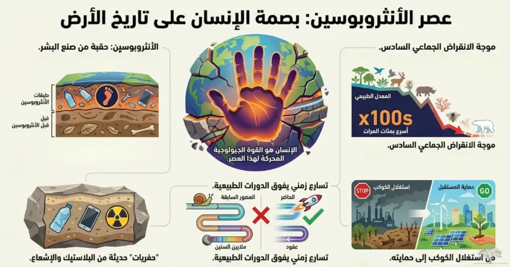 إنفوجرافيك يوضح مفهوم عصر الأنثروبوسين، يظهر يدًا بشرية منقوشة على كوكب الأرض، طبقات جيولوجية تحتوي على البلاستيك والإشعاع، تسارعًا زمنيًا يفوق الدورات الطبيعية، وتأثير الإنسان على الانقراض الجماعي والتغير المناخي.