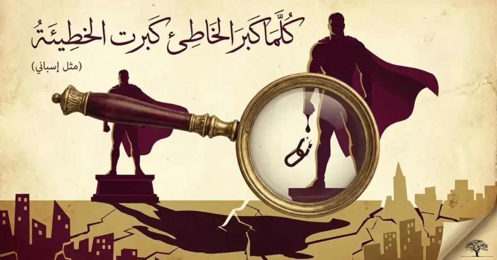 مشهد رمزي لرجل ذي هيئة بطولية يُرى عبر عدسة مكبرة، حيث تتضخم الخطيئة بقدر تضخم مكانة الخاطئ، في خلفية داكنة توحي بالسلطة والظل.