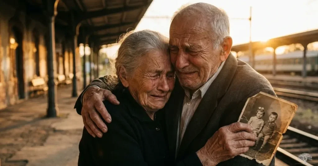 زوجان مسنّان يتعانقان بحرقة في محطة قطار قديمة عند الغروب، أحدهما يحمل صورة قديمة لطفلين، في مشهد مؤثر يجسّد لمّ شمل العائلات بعد فراق طويل بسبب الحروب.