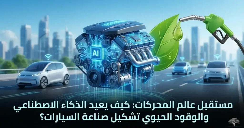 محرك ذكي يعمل بالذكاء الاصطناعي مدمج مع عناصر طاقة متجددة، يظهر بجانبه وقود حيوي وسيارات حديثة في مدينة مستقبلية، يرمز إلى تطور صناعة السيارات المستدامة.
