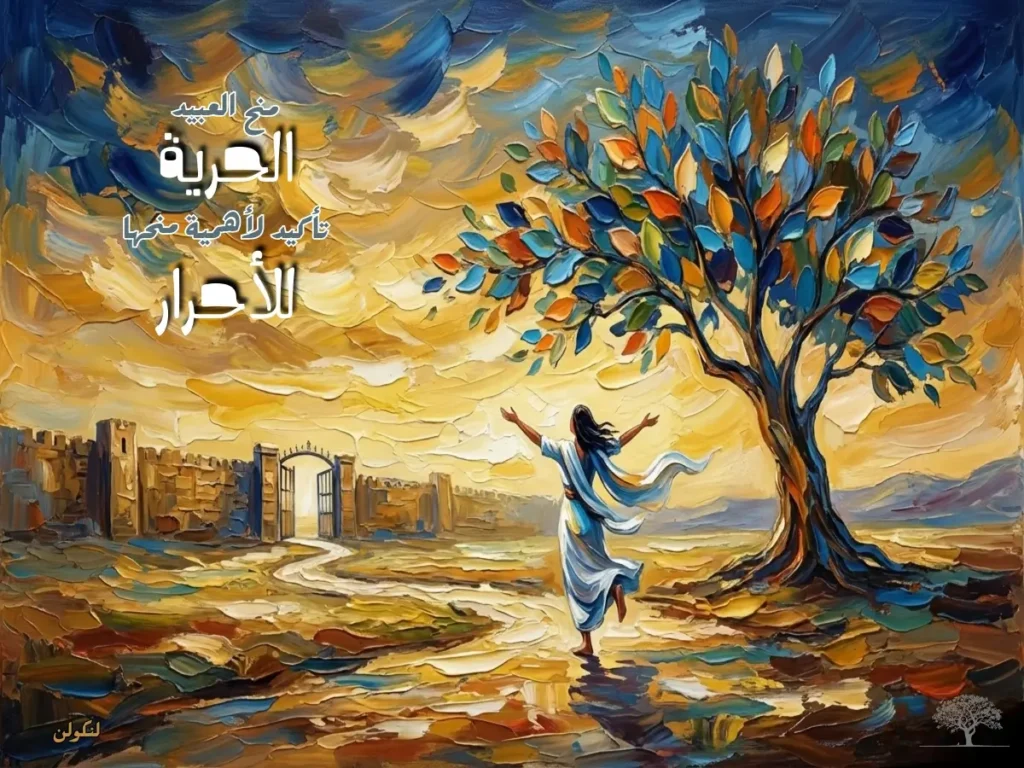 امرأة تسير رافعة ذراعيها نحو الأفق في لوحة فنية رمزية، تمثل الانتقال من العبودية إلى الحرية ومعنى الإصرار والأمل