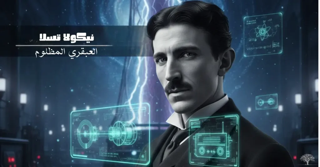 صورة فنية لنيكولا تسلا، العالم والمخترع الصربي-الأمريكي، أحد أعظم عباقرة الفيزياء والكهرباء، مبتكر التيار المتردد وصاحب أفكار سبقت عصره.