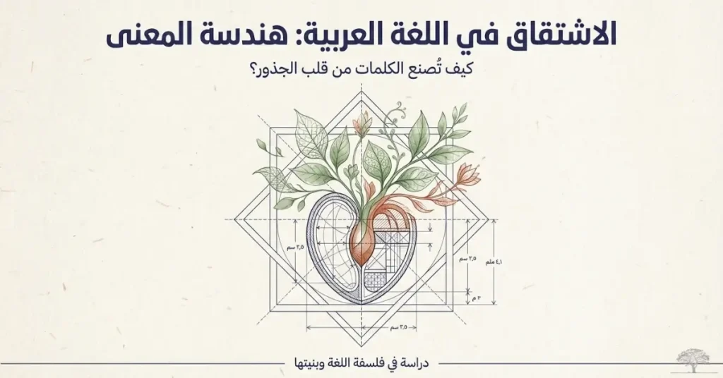 تصميم فني يرمز إلى الاشتقاق في اللغة العربية، يظهر جذورًا نباتية داخل شكل هندسي تمثل بنية الكلمة، في إشارة إلى تكوين الكلمات من الجذور الثلاثية والرباعية في العربية.