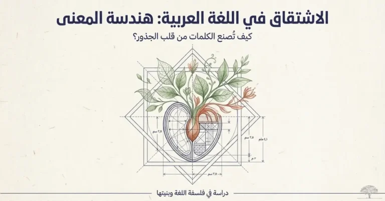 تصميم فني يرمز إلى الاشتقاق في اللغة العربية، يظهر جذورًا نباتية داخل شكل هندسي تمثل بنية الكلمة، في إشارة إلى تكوين الكلمات من الجذور الثلاثية والرباعية في العربية.