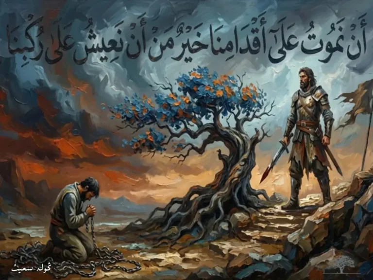 لوحة فنية رمزية لرجل مقيد بالسلاسل يقابله رجل واقف بسيف تحت شجرة، مع اقتباس عربي عن الحرية والكرامة