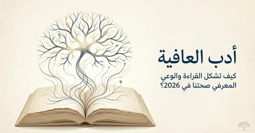 تصميم هادئ يرمز إلى القراءة والصحة النفسية، يجمع بين كتاب مفتوح وعناصر طبيعية تعكس تأثير المعرفة على التوازن الذهني والجسدي