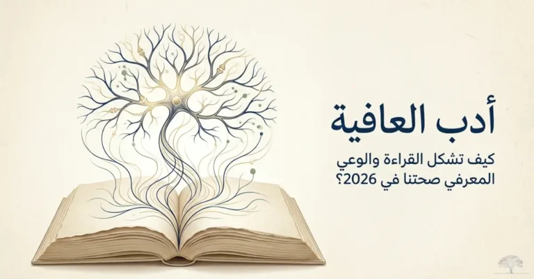 تصميم هادئ يرمز إلى القراءة والصحة النفسية، يجمع بين كتاب مفتوح وعناصر طبيعية تعكس تأثير المعرفة على التوازن الذهني والجسدي