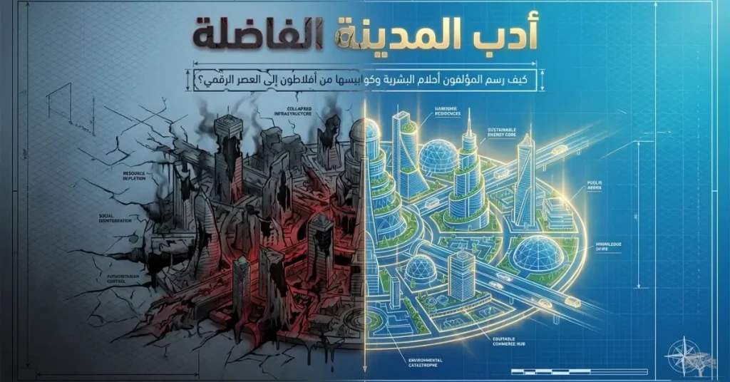 تصميم بصري يقارن بين مدينة مدمّرة مظلمة تمثل الواقع الفاسد ومدينة حديثة مضيئة تمثل المدينة الفاضلة، في إشارة إلى تطور فكرة اليوتوبيا من الفلسفة القديمة إلى المستقبل.