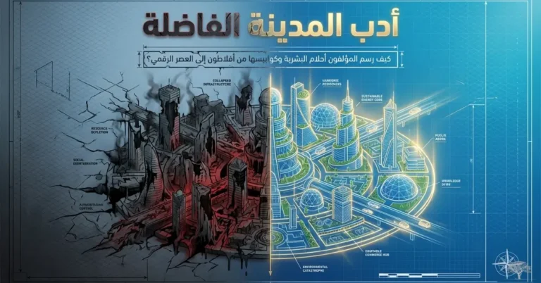 تصميم بصري يقارن بين مدينة مدمّرة مظلمة تمثل الواقع الفاسد ومدينة حديثة مضيئة تمثل المدينة الفاضلة، في إشارة إلى تطور فكرة اليوتوبيا من الفلسفة القديمة إلى المستقبل.