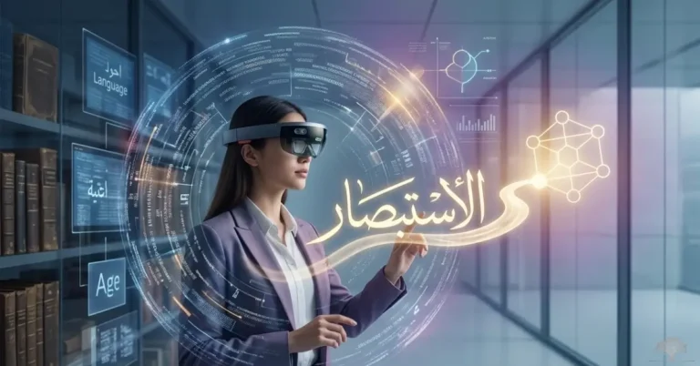 امرأة ترتدي نظارة واقع معزز داخل بيئة رقمية متقدمة، تتفاعل مع بيانات ومخططات شفافة ترمز إلى الاستبصار وتحليل المعلومات.