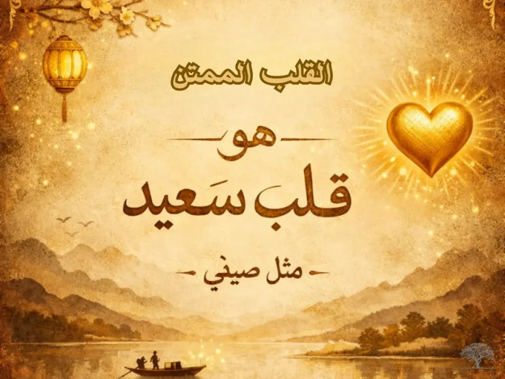 تصميم فني ذهبي لقلب مضيء مع عبارة "القلب الممتن هو قلب سعيد" في مشهد هادئ يرمز للامتنان والسكينة