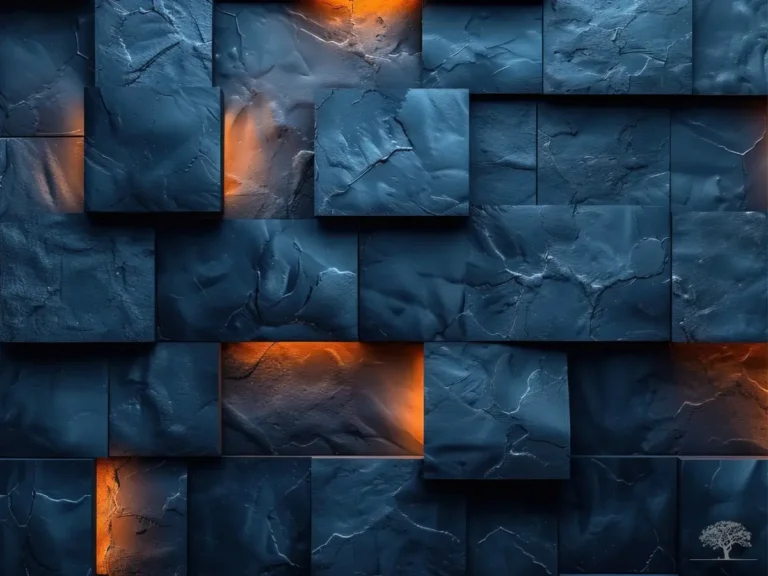 تصميم تجريدي ثلاثي الأبعاد من مربعات زرقاء متداخلة بملمس حجري، تتخللها إضاءات برتقالية دافئة تعكس التباين بين البرودة والحرارة.