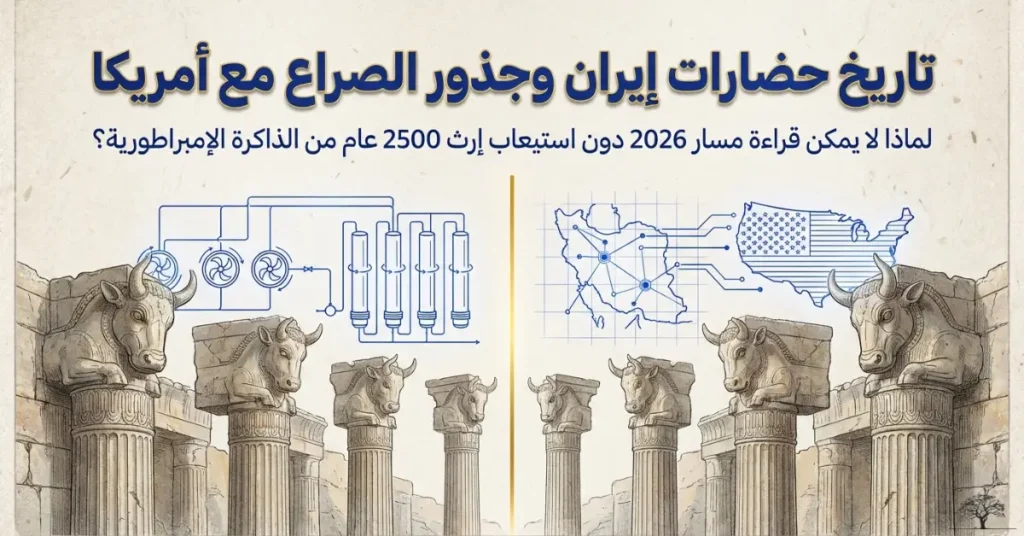 تصميم يعرض أعمدة فارسية قديمة ترمز للحضارات الإيرانية، مع مخططات حديثة وخريطة الولايات المتحدة، في إشارة إلى تطور إيران التاريخي وجذور الصراع مع أمريكا.