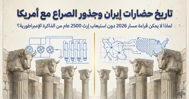 تصميم يعرض أعمدة فارسية قديمة ترمز للحضارات الإيرانية، مع مخططات حديثة وخريطة الولايات المتحدة، في إشارة إلى تطور إيران التاريخي وجذور الصراع مع أمريكا.